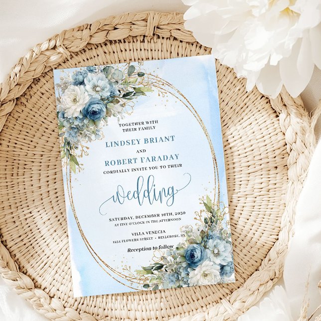 Watercolor Dusty Blue Floral Gold Glitter Invite Einladung (Watercolor Dusty Blue Floral Gold Glitter Invite

)