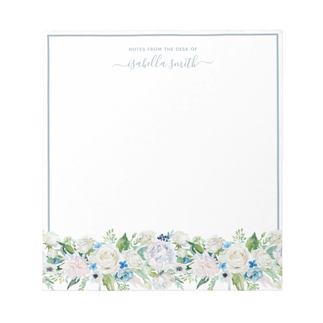 Watercolor Dusty Blue Floral Romantic Elegant Notizblock (Vorderseite)