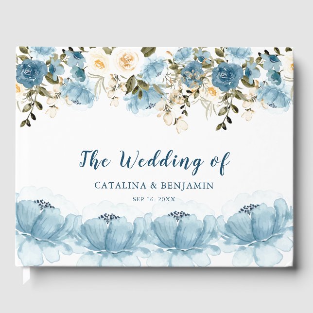 Watercolor Dusty Blue Floral Wedding  Gästebuch (Vorderseite)