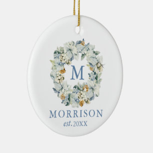 Watercolor Dusty Blue Floral Wreath Foto BACK Keramik Ornament