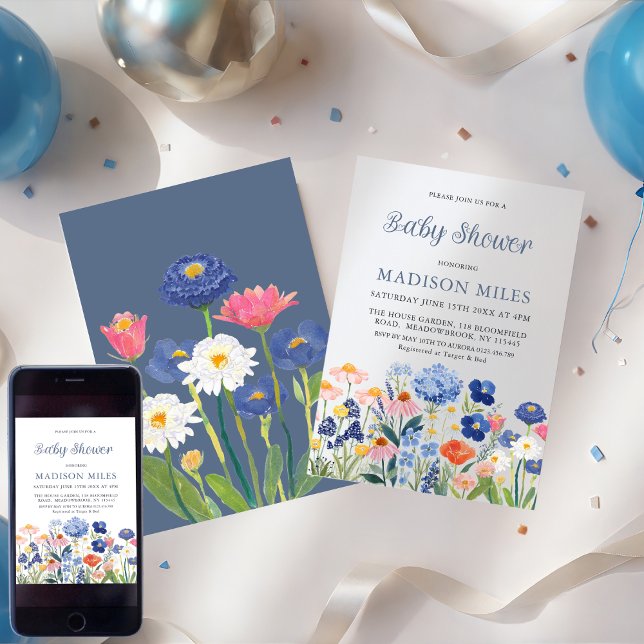 Watercolor Dusty Blue Wildflower Baby in Bloom  Einladung (Von Creator hochgeladen)