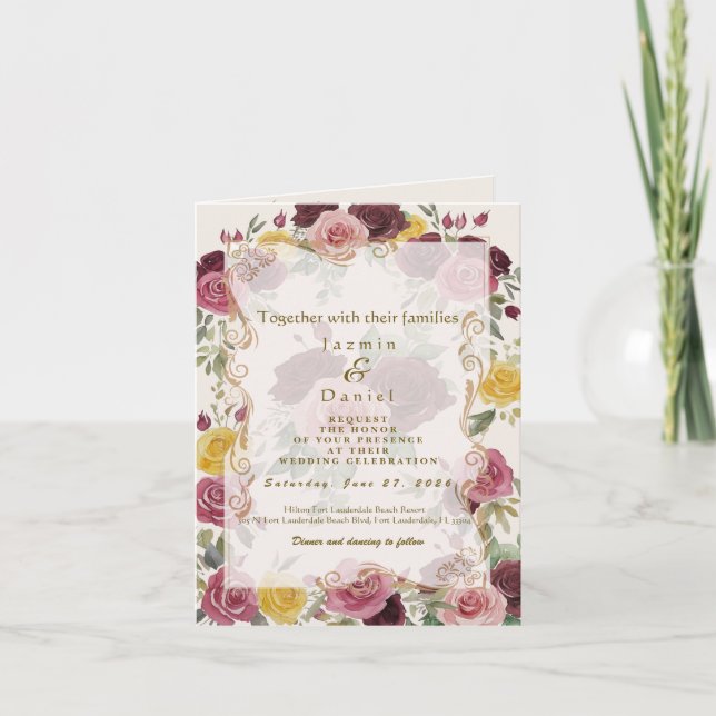 Watercolor Dusty Burgundy Yellow Roses/Cream Einladung (Vorderseite)