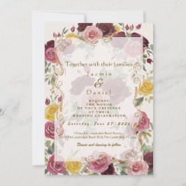 Watercolor Dusty Burgundy Yellow Roses/Cream Flat Einladung