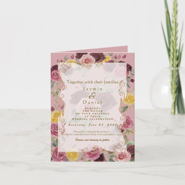 Watercolor Dusty Burgundy Yellow Roses/Pink Einladung (Vorderseite)