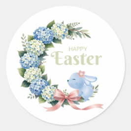 Watercolor Easter Hydrangea Wreath Cute Bunny Runder Aufkleber