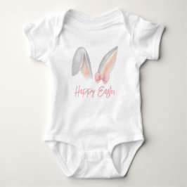 Watercolor Easter Rabbit Ears with Pink Bow Spring Baby Strampler