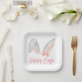 Watercolor Easter Rabbit Ears with Pink Bow Spring Pappteller