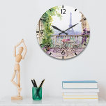 Watercolor Eiffel Tower Paris French Cafe Große Wanduhr<br><div class="desc">Watercolor Eiffel Tower Paris French Cafe Clock features a watercolor french cafe seating area with Paris and the Eiffel Tower in the background. Created by Evco Studio www.zazzle.com/store/evcostudio</div>