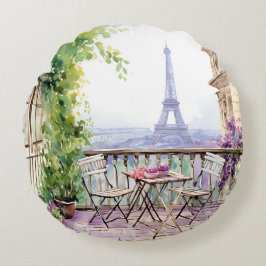 Watercolor Eiffel Tower Paris French Cafe Rundes Kissen