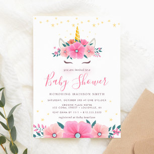 Watercolor-Einhorn-Gesicht Florale Sterne Baby Sho Einladung
