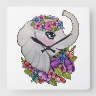 Watercolor-Elefant mit wilden Blumen Quadratische Wanduhr