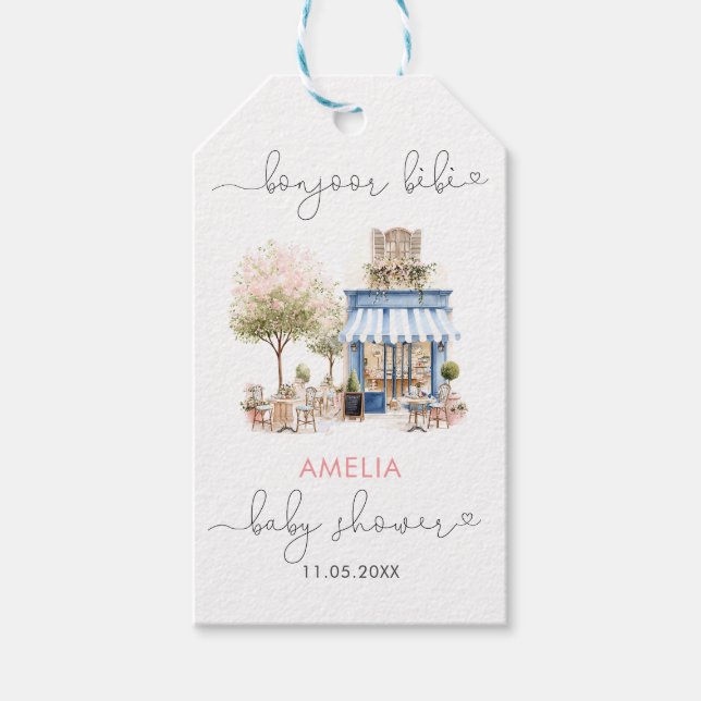 Watercolor Elegant Bonjoor bebe Baby Shower Geschenkanhänger (Vorderseite)