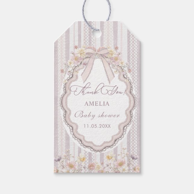 Watercolor Elegant Pastel wildflower bow lace  Bab Geschenkanhänger (Vorderseite)