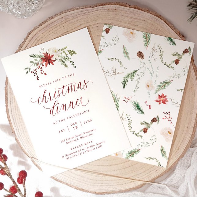 Watercolor Elegant Script Christmas Dinner Einladung (Elegant Christmas dinner invitation with watercolor greenery and calligraphy script.)