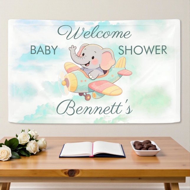 Watercolor Elephant Airplane Baby Shower Banner (Von Creator hochgeladen)