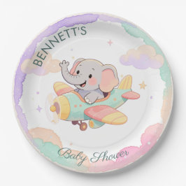 Watercolor Elephant Airplane Baby Shower Plate Pappteller