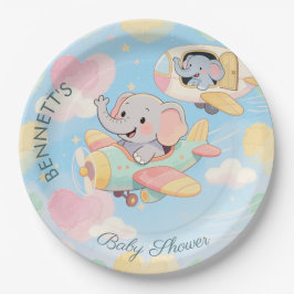 Watercolor Elephant Airplane Baby Shower Plate Pappteller