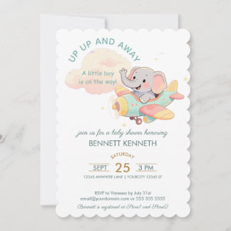 Watercolor Elephant Airplane Boy Invitation Einladung