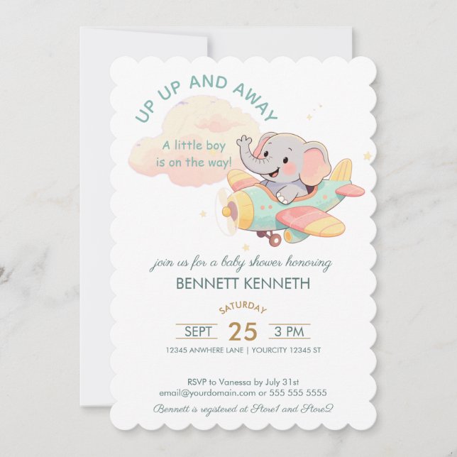 Watercolor Elephant Airplane Boy Invitation Einladung (Vorderseite)