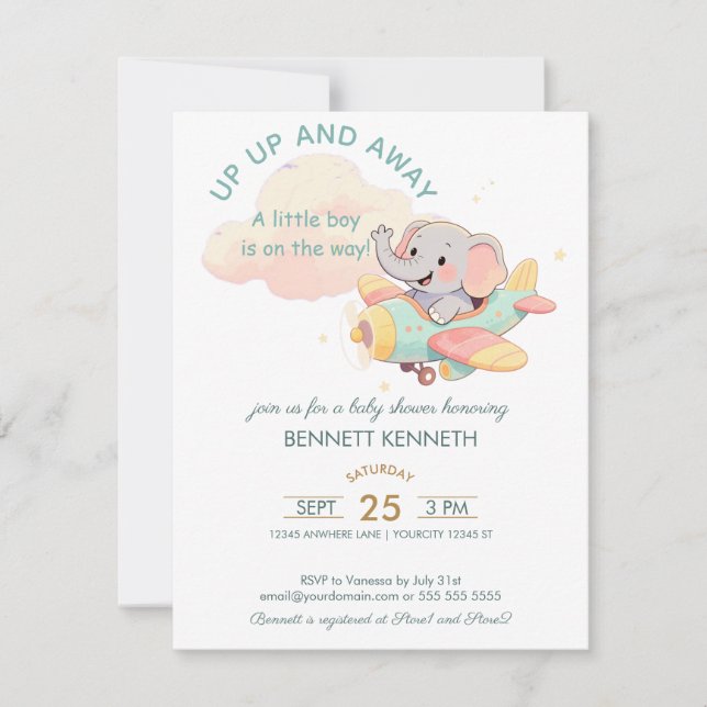 Watercolor Elephant Airplane Boy Invitation RSVP Karte (Vorderseite)