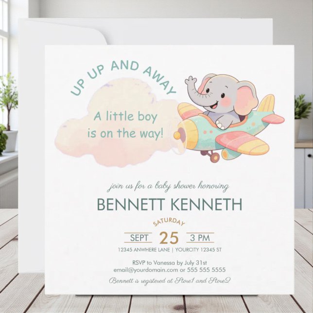 Watercolor Elephant Airplane Boy Invitation Save The Date (Von Creator hochgeladen)