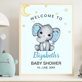 Watercolor Elephant Baby Shower Boy, Blue and Gray Poster