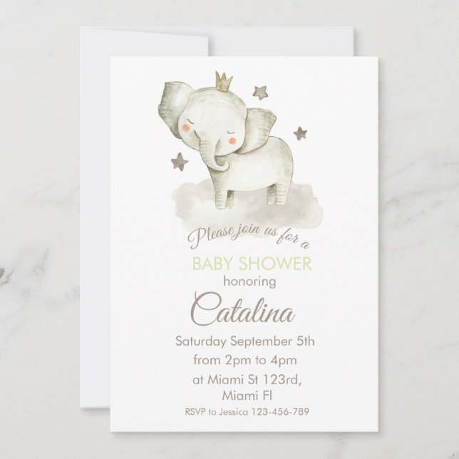 Watercolor Elephant Baby Shower Invitation Einladung (Vorderseite)