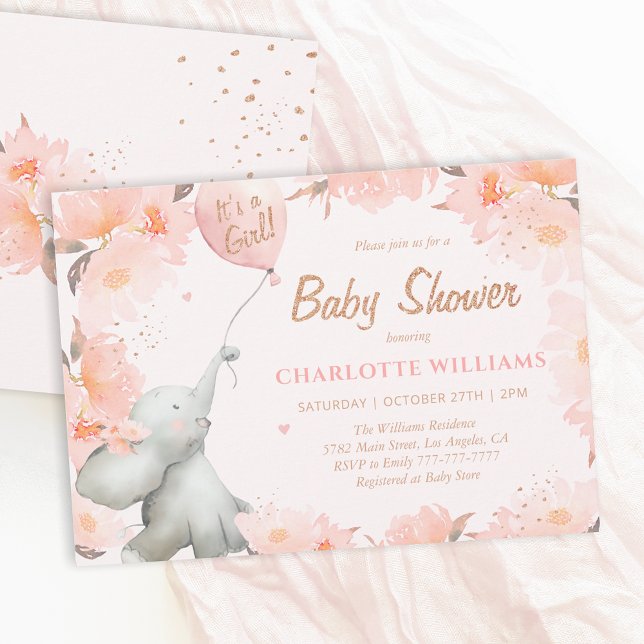 Watercolor Elephant Floral Gold Girl Baby Shower Einladung (Von Creator hochgeladen)