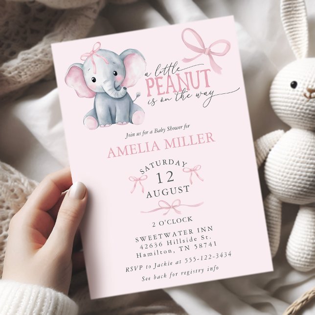Watercolor Elephant Pink Bow Baby Girl Shower Einladung (Watercolor Elephant Pink Bow Baby Girl Shower Invitation)