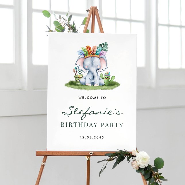 Watercolor Elephant Safari Birthday Party Welcome Poster (Von Creator hochgeladen)