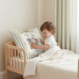 Watercolor Elephant Teddy Bear Hug Green Stripe  Kissen