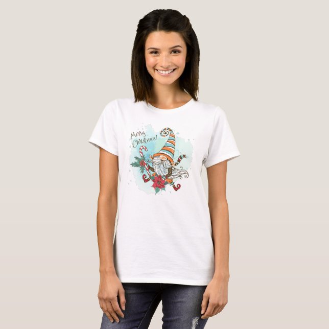 Watercolor Elf Poinsettia Candy Cane T-Shirt (Vorne ganz)