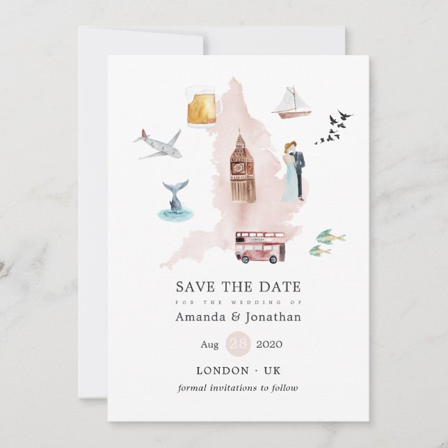 Watercolor England Vereinigtes Königreich Wedding Save The Date (Vorderseite)
