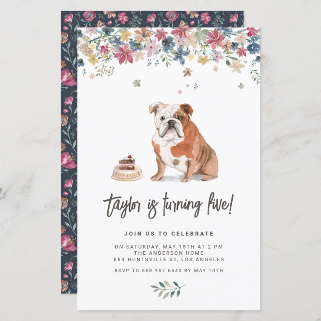 Watercolor English Bulldog - Einladung zum Geburts (Vorne/Hinten)