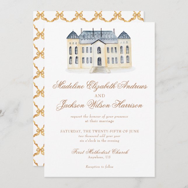 Watercolor English Manor Anwesen Wedding Einladung (Vorne/Hinten)