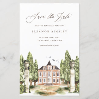 Watercolor English Manor Birthday Save the Date