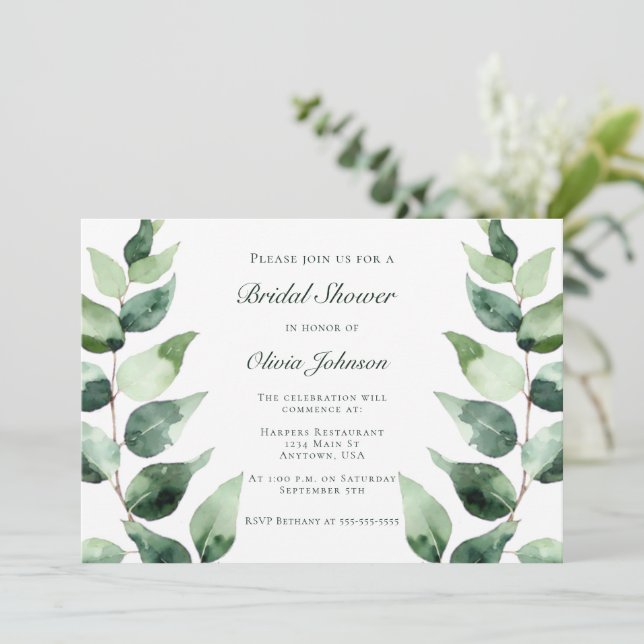 Watercolor Eucalyptus Bridal Shower | White Einladung (Stehend Vorderseite)