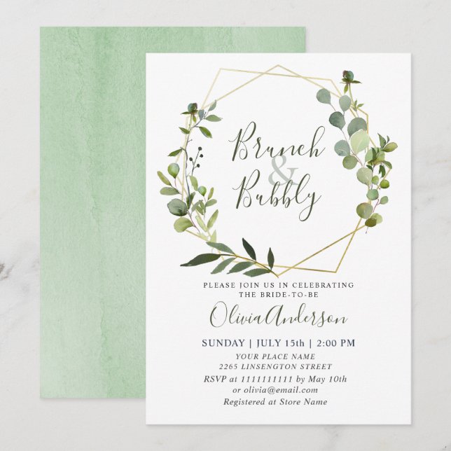 Watercolor Eucalyptus Greenery BRUNCH BUBBLY Einladung (Vorne/Hinten)