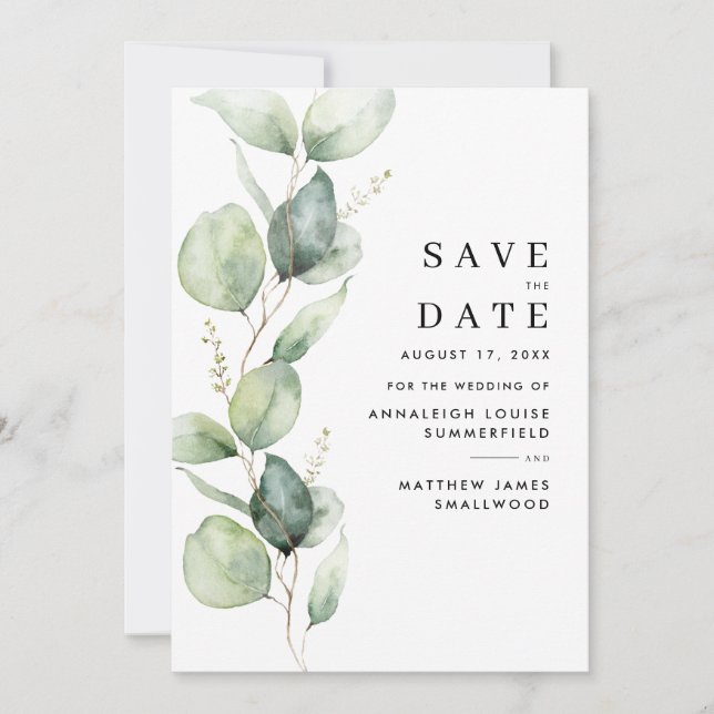 Watercolor Eucalyptus Greenery Save The Date (Vorderseite)