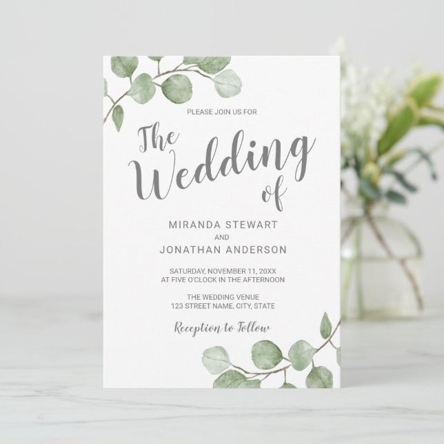 Watercolor Eucalyptus Greenery Wedding Einladung (Stehend Vorderseite)