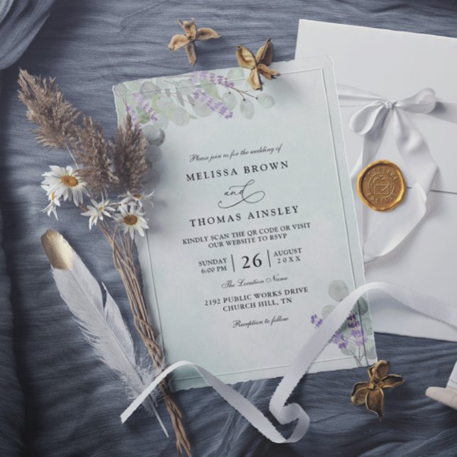 Watercolor Eucalyptus Lavender QR Code Wedding Einladung (Von Creator hochgeladen)