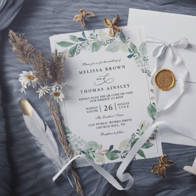 Watercolor Eucalyptus Leaves Chic QR Code Wedding Einladung (Von Creator hochgeladen)