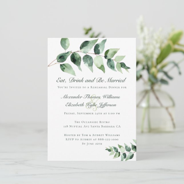 Watercolor Eucalyptus Rehearsal Dinner | White Einladung (Stehend Vorderseite)