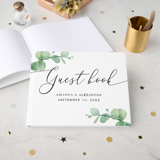 Watercolor Eucalyptus Wedding | Elegant Script Gästebuch (Vorderseite Offen)
