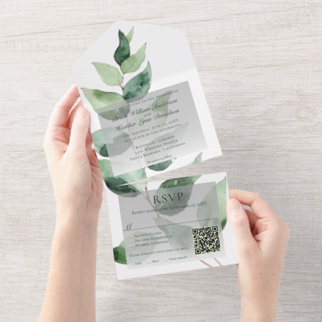 Watercolor Eucalyptus Wedding | White All In One Einladung (Abreißen)