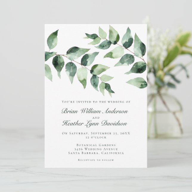 Watercolor Eucalyptus Wedding | White Einladung (Stehend Vorderseite)