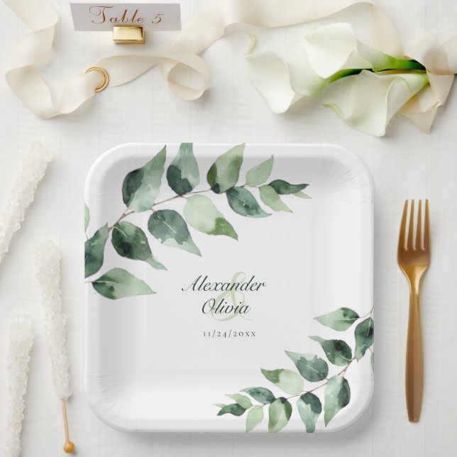 Watercolor Eucalyptus Wedding | White Pappteller (Hochzeit)