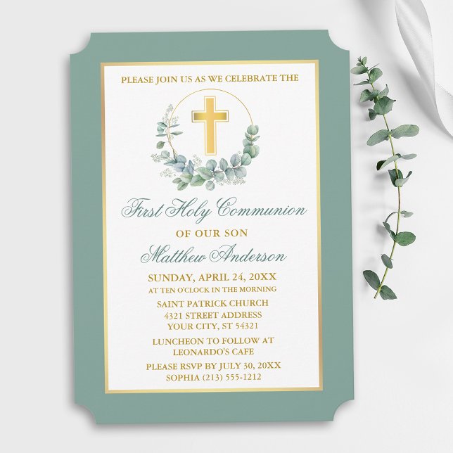Watercolor Eucalyptus Wreath Gold Communion Einladung (Customize to change text color, text style or color of back of card.)