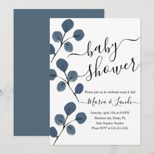 Watercolor-Eukalyptus-Blau- Schrift-Baby-Party Einladung