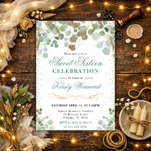 Watercolor-Eukalyptus-Gold-Glitter Sweet 16 Einladung